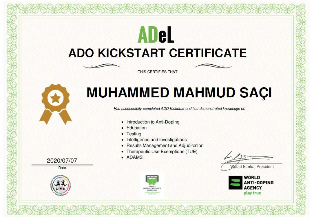 WADA-ADeL ADOKICKSTART CERTIFICATE