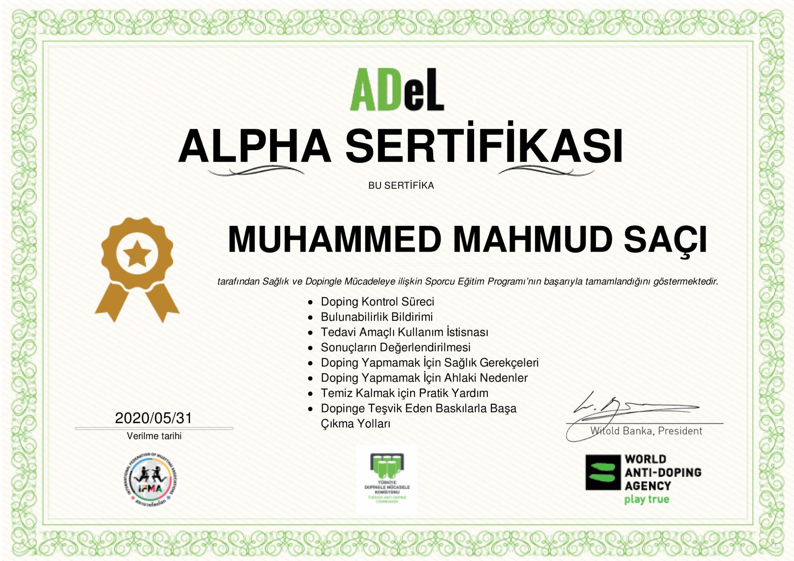 WADA-ADeL ALPHA CERTIFICATE