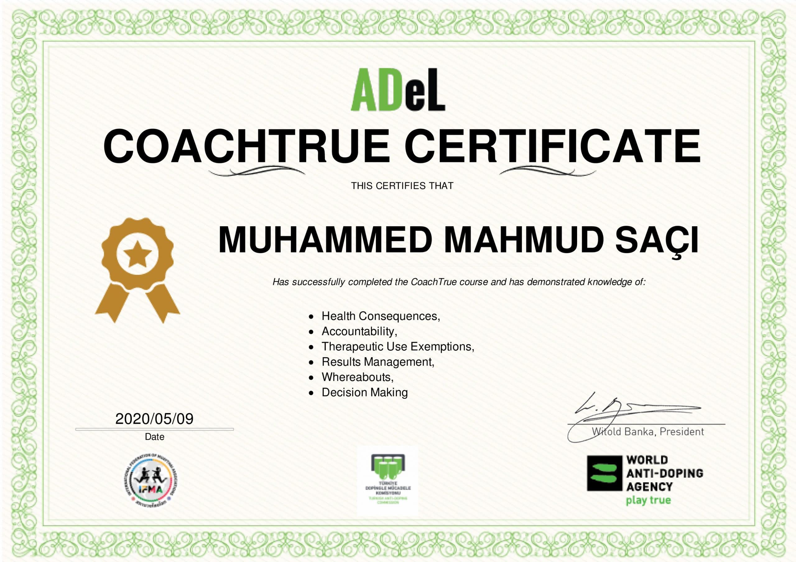 WADA-ADeL COACHTRUE CERTIFICATE